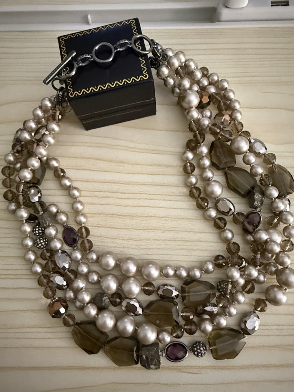 Stella & Dot Multi-Strand Pearl and Smoky Crystal Necklace